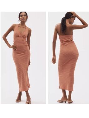 NWT Pilcro High Tide Halter Cotton Midi Dress Stripes Orange Medium New Anthro